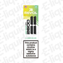 Lemon and Lime 4-in-1 Series Revol 2600 Prefilled Pods packaging with nicotine warning, featuring four pods in a sleek design.