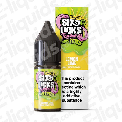Lemon Lime Nic Salt E-liquid by Six Licks Tongue Twisters, 10ml bottle with 50VG/50PG blend.