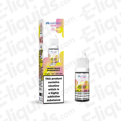 Lemon Peach Passionfruit Nic Salt E-liquid by Hayati Pro Max in a compact bottle with packaging, showcasing tropical flavors.