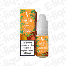 Lemon Peach Vol 2 Nic Salt E-liquid by Pixie Juice in bottle and packaging, featuring vibrant fruity flavors.
