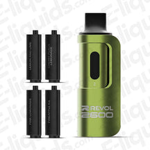 REVOL 2600 4-in-1 pod kit with four flavor pods: Lemon and Lime, Cherry Peach Lemonade, Pink Lemonade, Pineapple Ice.