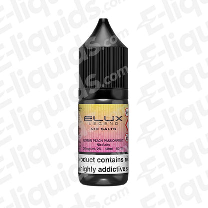 Lemon Peach Passion Nic Salt E-liquid by Elux Legend in a 10ml bottle, featuring vibrant flavor notes.