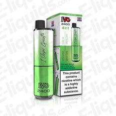IVG 2400 4-in-1 Rechargeable Pod Kit, Lime Edition, 20mg, shown with packaging, featuring sleek green design and nicotine warning.