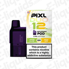 Lime Edition PIXL Duo 12 Prefilled Pod featuring lemon and cola flavors in a vibrant packaging.