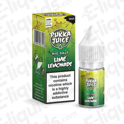 Pukka Juice Lime Lemonade 10ml Nic Salt E-liquid bottle featuring zesty lime and lemonade flavors, 20mg nicotine.