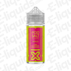 Pod Salt Nexus Lime Raspberry Grapefruit Shortfill E-liquid 100ml bottle, vibrant flavor blend of lime, raspberry, and grapefruit.