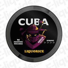 CUBA Liquorice Ninja Nicotine Pouches can with 25 strong pouches featuring a ninja mascot design.