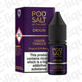 Pod Salt Liquor Tobacco Nic Salt E-liquid 20mg in a 10ml bottle, featuring earthy tobacco and absinthe flavors.
