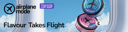Airplane Mode vaping products by Lost Mary, featuring vibrant blue and pink designs with the text 'Flavour Takes Flight' against a sky background.