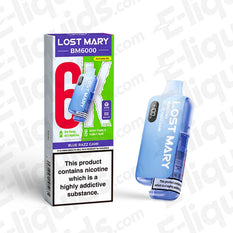 Lost Mary BM6000 Pod Kit in Blue Razz flavor, showcasing sleek blue design and packaging with nicotine warning label, 6000 puffs.
