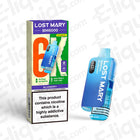 Lost Mary BM6000 Prefilled Pod Kit in Blueberry flavor, featuring 6000 puffs and UK compliance, next to its packaging.
