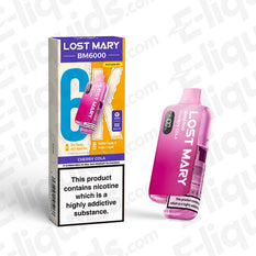 Lost Mary BM6000 Cherry Cola Pod Kit with packaging and prefilled pod, 6000 puffs, compliant with UK vaping regulations.