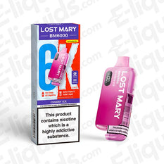 Lost Mary BM6000 Cherry Ice Compliant Pod Kit with packaging, offering up to 6000 puffs and vibrant design for all-day vaping.