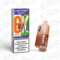 Lost Mary BM6000 Pod Kit in Cola flavor, featuring unique design with 6000 puffs, displayed with packaging, compliant with UK vaping laws.