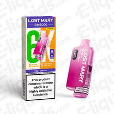 Lost Mary BM6000 Compliant Pod Kit in Fizzy Cherry, pink design, UK regulation, 6000 puffs, nicotine content highlighted