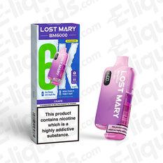 Lost Mary BM6000 Prefilled Pod Kit in grape flavor, displayed with packaging. Offers up to 6000 puffs. Compliant with UK regulations.