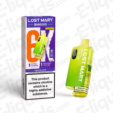Lost Mary BM6000 Pod Kit in Lemon Lime flavor, featuring 6000 puffs and vibrant packaging, compliant with UK vaping regulations.