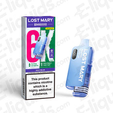 Lost Mary BM6000 Prefilled Pod Kit in Mad Blue, box and device, up to 6000 puffs, UK compliant vaping product.