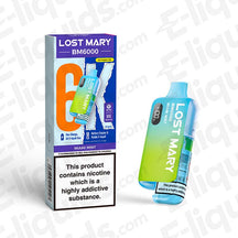 Lost Mary BM6000 Pod Kit in Miami Mint flavor next to packaging, offering 6000 puffs, compliant with UK regulations for a smooth vape.
