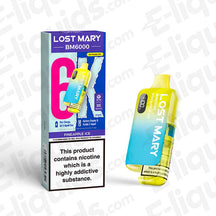 Lost Mary BM6000 Prefilled Pod Kit Pineapple Ice, 6000 puffs, vibrant packaging, UK compliant vaping product, nicotine warning shown.