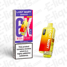 Lost Mary BM6000 Prefilled Pod Kit in Triple Mango flavor, featuring unique design, 6000 puffs, and UK compliant.