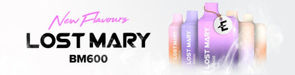 Lost Mary BM600 new flavors, featuring colorful vape bottles with misty background.