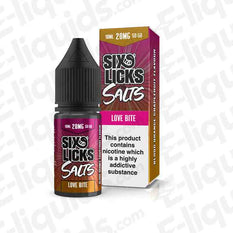 Six Licks Love Bite Nic Salt E-liquid 10ml bottle showcasing blood orange and grapefruit flavor.