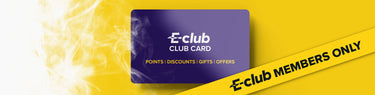 Purple E-club card with yellow banner stating 'E-club Members Only' and text about points, discounts, gifts, and offers.