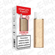 OXVA Slimstick Gold - Lychee Ice Prefilled Pod Kit with crisp Lychee Ice flavour in gold device and red OXVA Slimstick packaging.