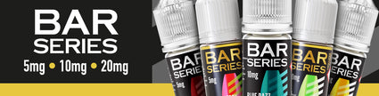 Bar Series vape juice bottles in various flavors with strengths of 5mg, 10mg, and 20mg displayed.
