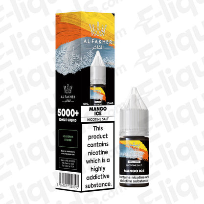 Al Fakher Mango Ice 5000+ Nic Salt E-liquid in 10ml bottle, showcasing vibrant tropical flavor.