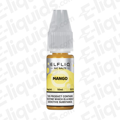 Mango Nic Salt E-liquid by ELFLIQ, 10ml bottle with tropical flavor, available in 10mg or 20mg nicotine strength.
