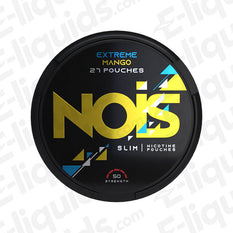 Nois Mango Extreme nicotine pouch can featuring 27 pouches, strong 50mg nicotine strength, and a vibrant design.