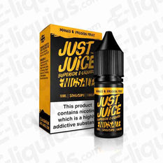 Just Juice Mango & Passion Nic Salt E-liquid 10ml bottle with packaging, featuring tropical fruit flavors, 50VG/50PG ratio.