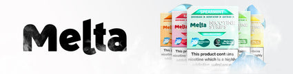 Melta nicotine strips product packaging in various flavors including spearmint, displayed on a cloudy background.