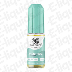 Menthol Bar Juice 5000 Nic Salts 10ml bottle with turquoise cap and label detailing nicotine content for e-liquids.