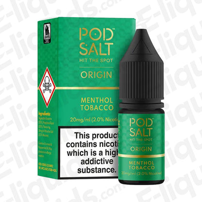 Pod Salt Menthol Tobacco Nic Salt E-liquid 20mg in a 10ml bottle with packaging, ideal for vaping transition from smoking.