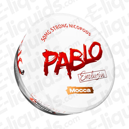 Pablo Exclusive Mocca nicotine pouches packaging featuring strong 50mg nicotine and a creamy mocca flavor.