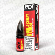 Morello Cherry Banana Nic Salt E-Liquid by Riot X in 10ml bottle, featuring sweet and sour fruit flavors.
