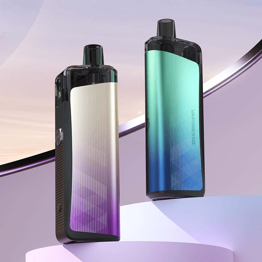 Colorful Vaporesso vaping devices with gradient designs, showcasing sleek, modern nicotine delivery options.