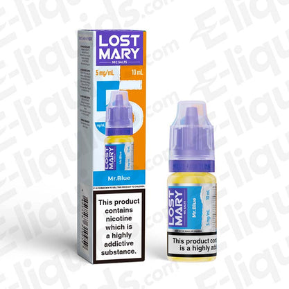 Lost Mary Nic Salt Vape Juice Mr Blue with 5mg strength in 10ml bottle, ideal for pod kits and mouth to lung vaping.