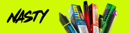 Collection of colorful vape packaging with 'NASTY' branding on a vibrant yellow background.