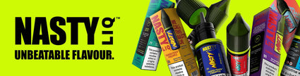 Nasty Juice packaging showcasing various e-liquid flavors with vibrant design and slogan 'Unbeatable Flavour'