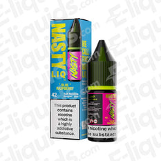 Blue Raspberry Nic Salt E-liquid by Nasty, 10ml bottle with box, featuring juicy blueberry and tangy raspberry flavors, available in 10mg or 20mg strengths.