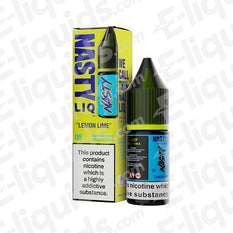 Bottle and box of Nasty Lemon Lime Nic Salt E-liquid with nicotine warning label.