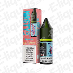 Peach Ice Nic Salt E-liquid by Nastyliq, 10ml bottle with box, available in 10mg or 20mg nicotine strengths, featuring peach and menthol flavor.