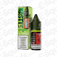 Watermelon Ice Nic Salt E-liquid by Nasty in 10ml bottle with packaging, offers watermelon and menthol flavor, available in 10mg or 20mg nicotine.