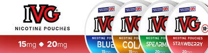 IVG nicotine pouches with flavors: blueberry, cola, spearmint, and strawberry, each available in 15mg and 20mg strengths.