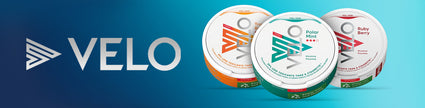 Velo nicotine pouches in Polar Mint and Ruby Berry flavors displayed with logo on a blue gradient background.