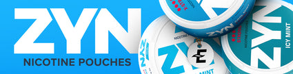 ZYN nicotine pouches in icy mint flavor with blue and white packaging.